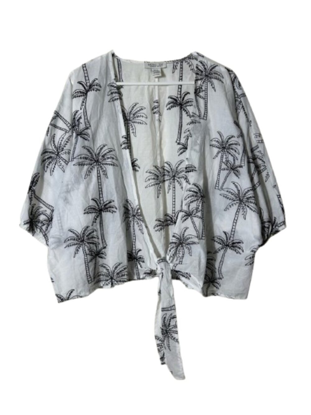 Rachel Zoe white black palm tree embroidered tie front kimono top OS